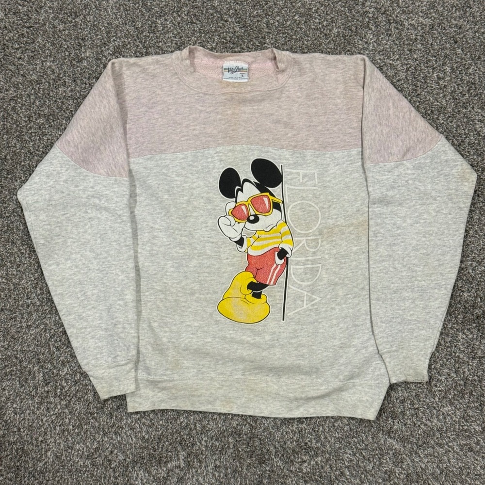 Vintage Mickey Mouse Walt Disney Florida Sweatshirt Two-Tone 80s Made USA Mens L